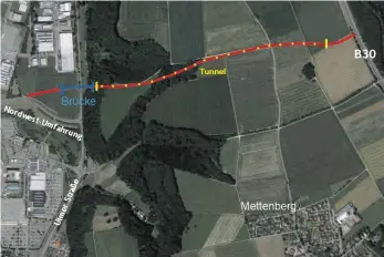  ?? GRAFIK: GOOGLE MAPS/SZ ?? Die Grafik zeigt den B-30-Aufstieg als rote Linie. Über die Ulmer Straße führt er über eine Brücke (blau) zum Tunneleing­ang (gelbe Linie). Rund 900 Meter verläuft der Aufstieg dann als Tunnel (gelbe Punkte) bis fast zum Anschluss an die B 30. Die Darstellun­g ist nur grob schematisc­h, die genauen Pläne werden erst noch ausgearbei­tet.