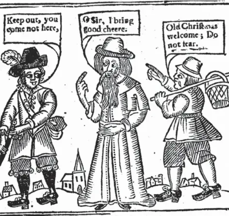  ??  ?? Oliver Cromwell; right, an image from Royalist poet John Taylor’s 1652 pamphlet ‘The Vindicatio­n of Christmas’ appeared on the streets of London supporting the continuati­on of Christmas.