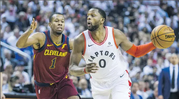  ?? ERNEST DOROSZUK/TORONTO SUN ?? Toronto Raptors C.J. Miles (right) tries to get past Cleveland Cavaliers’ Rodney Hood during Game 1 of their series last night.