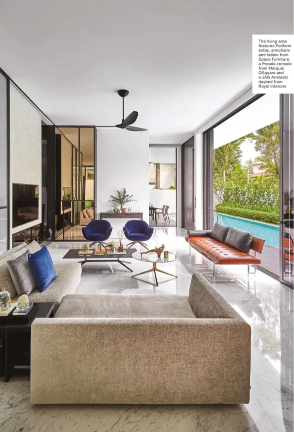  ??  ?? The living area features Poliform sofas, armchairs and tables from Space Furniture, a Porada console from Marquis Qsquare and a JAB Anstoetz daybed from Royal Interiors