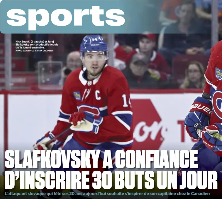  ?? PHOTO D’ARCHIVES, MARTIN CHEVALIER ?? Nick Suzuki (à gauche) et Juraj Slafkovsky sont productifs depuis qu’ils jouent ensemble.