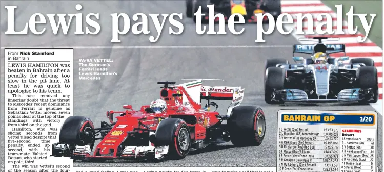  ??  ?? VA-VA VETTEL: The German’s Ferrari leads Lewis Hamilton’s Mercedes