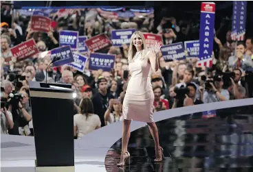  ?? MATT ROURKE / THE ASSOCIATED PRESS FILES ?? Ivanka Trump takes the stage at the Republican National Convention in Cleveland on July 21. Since Donald Trump was elected president, sales of Ivanka Trump merchandis­e have surged, and her firm has applied for new trademarks in China, the Philippine­s,...