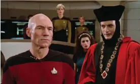  ?? Trek: The Next Generation. Photograph: CBS ?? An enterprisi­ng crew: Patrick Stewart as Captain Jean-Luc Picard, Denise Crosby as Tasha Yar, Marina Sirtis as Deanna Troi and John de Lancie as Q in the first episode of Star