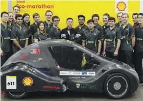  ??  ?? The University of Alberta hydrogen car and team that will compete in the first Driver’s World Championsh­ip in London, England.