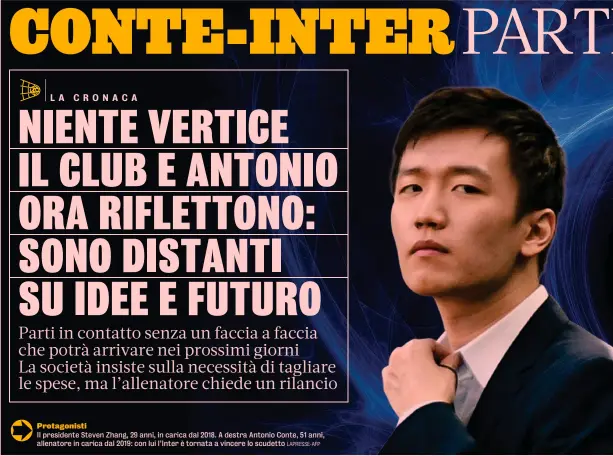  ?? LAPRESSE-AFP ?? Protagonis­ti
Il presidente Steven Zhang, 29 anni, in carica dal 2018. A destra Antonio Conte, 51 anni, allenatore in carica dal 2019: con lui l’Inter è tornata a vincere lo scudetto