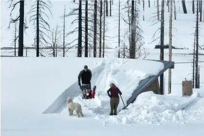  ?? ?? People work to clear snow from the roof of a home in Twin Bridges, California, on 20 March 2023. Photograph: Justin Sullivan/Getty Images