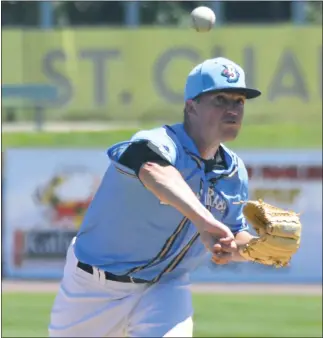  ?? PHOTO BY BERT HINDMAN ?? Blue Crabs starting pitcher Drew Hayes picked the win on the hill in Sunday’s 6-1 victory over the Somerset Patriots in a rubber match of a three-game series. The right hander did not allow a earned run on five hits with one strikeout in six innings of...