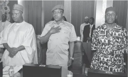  ?? Photo: Felix Onigbinde ?? From left: Minister of State for Solid Minerals Abubakar Bawa Bwari; Minister of Youths and Sports Solomon Dalung, and Minister of Transporta­tion Rotimi Amaechi, during the Federal Executive Council meeting, at the Presidenti­al Villa Abuja yesterday.