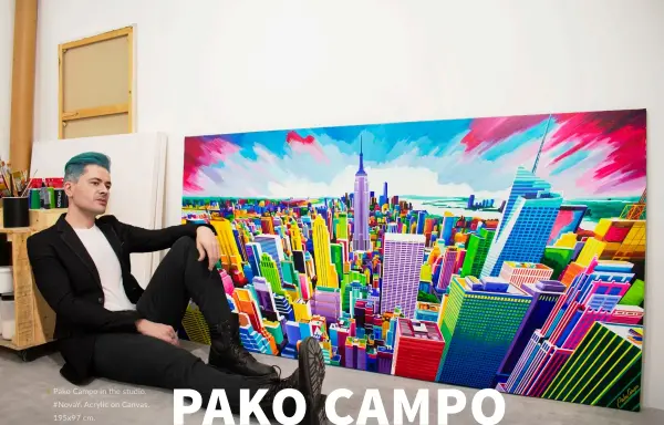  ??  ?? Pako Campo in the studio. #NovaY. Acrylic on Canvas. 195x97 cm.