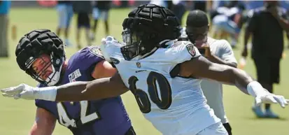  ?? KENNETH K. LAM/BALTIMORE SUN ?? Ravens fullback Patrick Ricard, left, goes one on one with outside linebacker Steven Means during practice Wednesday during training camp.