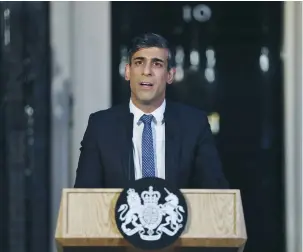  ?? (Belinda Jiao/Reuters) ?? UK PRIME MINISTER Rishi Sunak speaks outside 10 Downing Street on Friday.