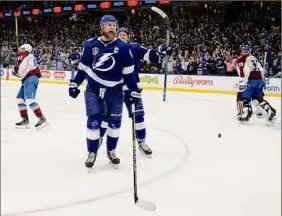  ?? Bruce Bennett / Getty Images ?? Tampa Bay’s Steven Stamkos helped the two-time defending champion Lightning rebound in Game 3 after they surrendere­d 7 goals in Game 2.