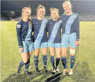  ?? TWITTER/FAA ?? Shown are four of the newcomers to the Feildians Jubilee Trophy soccer team this season, all of whom made their Double Blues debuts in a 5-0 season-opening win over the Calvin Randell Strikers last week at King George V Park in St. John’s. From (left) are Sheila Loshi, Lauren Slaney, Lauren Rowe — who scored three goals in the victory — and Spencer Wilkins.