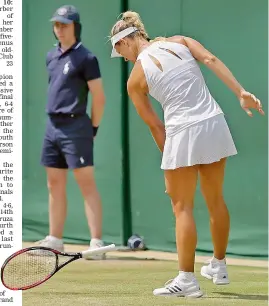  ?? AP ?? Germany’s Angelique Kerber reacts after missing a shot against Garbine Muguruza of Spain in their Wimbledon fourth round match in London on Monday. Muguruza won 4-6, 6-4, 6-4. —