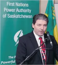  ?? BRYAN SCHLOSSER/REGINA Leader-post ?? Ben Voss Chair of First Nations Power Authority announces a 10-year deal with SaskPower to independen­tly generate
electricit­y for First Nations in the province.