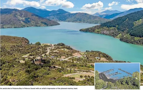  ??  ?? An aerial shot of Kaiuma Bay in Pelorus Sound with an artist’s impression of the planned marina, inset.