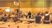  ??  ?? Pictured is the counting of votes in progress in the General Election at Loughborou­gh Leisure Centre.