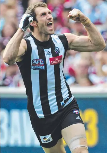  ??  ?? GAME OVER: Travis Cloke celebrates after kicking a goal in the 2010 drawn Grand Final (main) and smiling after announcing his retirement yesterday.