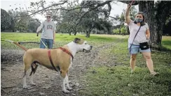  ??  ?? Sally Montgomery and Travis Vermaak take their dog Buddy for a walk in Delta Park.