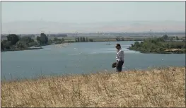  ?? RICH PEDRONCELL­I – THE ASSOCIATED PRESS ?? Al Medvitz, who farms alfalfa and other crops, looks out over Sacramento River from a hill on his land near Rio Vista, Calif., on July 25.