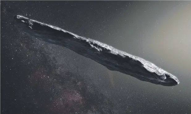  ?? Picture: AFP ?? UFO: An artist’s impression of Oumuamua – a 400m-long rock and the first interstell­ar object to enter our solar system.