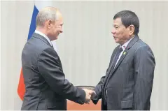  ?? REUTERS ?? Russian President Vladimir Putin and Philippine President Rodrigo Duterte attend a meeting on the sidelines of the Apec summit in Peru last year.