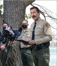  ?? Bobby Block/The Signal ?? (Above) Ventura County Sheriff William Ayub confirms during a news conference Monday that the body recovered from Lake Piru is that of actress Naya Rivera. (Left) A map displays the area covered by the search-and-recovery operation.