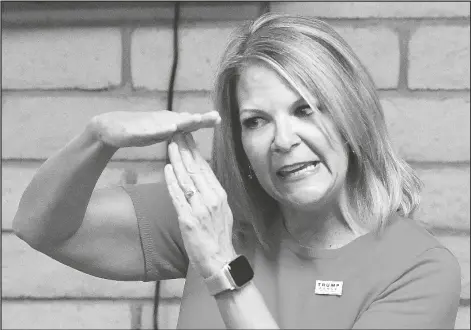  ?? Buy these photos at YumaSun.com PHOTOS BY RANDY HOEFT/YUMA SUN ?? DR. KELLI WARD, CHAIRPERSO­N OF THE REPUBLICAN PARTY OF ARIZONA, speaks to a gathering inside the Yuma GOP Headquarte­rs, 2260 S. 4th Ave., Suite L, Monday afternoon, before introducin­g U.S. Rep. Paul A. Gosar.