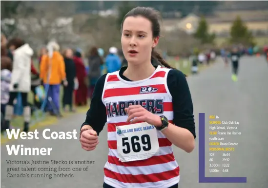  ??  ?? AGE SCHOOL 16 Club Oak Bay High School, Victoria Prairie Inn Harrier youth team Bruce Deacon CLUB COACH PERSONAL BESTS 10K 36:44 8K 29:32 3,000m 10:22 1,500m 4:48