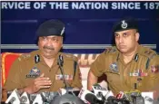  ?? PTI ?? J&K Director General of Police Dilbag Singh addresses a press conference as IGP Kashmir SP Pani looks on, in Srinagar, Wednesday