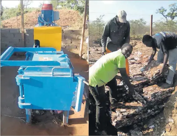  ?? Photos: Supplied ?? Erosion guard: A baling machine (left) is used to make unrecyclab­le material into blocks that can be used to build erosion barriers (right).