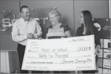  ?? Herald photo by Greg Bobinec ?? Ryan Miller presents a $26,000 cheque to Marlene Van Eden and Natasha Elder from the Lethbridge Senior Citizens Organizati­on for the Meals on Wheels program.