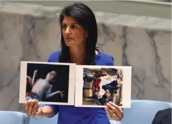  ?? TIMOTHY A. CLARY/AFP/GETTY IMAGES ?? U.S. ambassador to the UN Nikki Haley speaks about the suspected chemical attack in Syria on Tuesday.