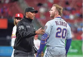  ?? JEFF CURRY/USA TODAY SPORTS ?? Pete Alonso was hit in the head by a pitch from Cardinals reliever Kody Whitley on Tuesday. He also was hit earlier this month.