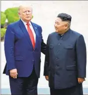  ?? Yonhap/EPA/Shuttersto­ck ?? PRESIDENT TRUMP and Kim Jong Un speak in June at the demilitari­zed zone between the Koreas, another meeting that resulted in few specifics.