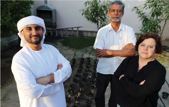  ?? Photos Chris Whiteoak / The National ?? From left, HyveGeo’s co-founders Abdulaziz bin Redha and Dr Harjit Singh with Dr Larissa Nicholas, lead soil regenerati­on scientist