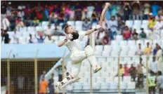  ?? — AFP ?? Australia’s David Warner reacts after scoring a century during the third day of the second Test against Bangladesh in Chittagong.