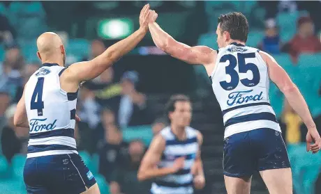  ??  ?? Geelong's Patrick Dangerfiel­d bursts out of the middle during the AFL match between the Geelong Cats and Brisbane Lions at the SCG on 9th July 2020, Sydney. Picture. Phil Hillyard