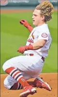  ?? Getty Images ?? HAIR-RAISING: Harrison Bader and the Cardinals stormed into the playoffs with a win over the Brewers on Sunday.