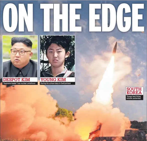  ??  ?? ‘Supreme leader’ has nuclear ambitions During his school days in Switzerlan­d Troops test-firing missile yesterday DESPOT KIM YOUNG KIM SOUTH KOREA