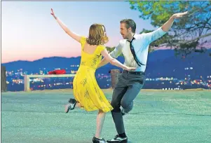  ?? AP PHOTOS ?? This image released by Lionsgate shows Ryan Gosling, right, and Emma Stone in a scene from, “La La Land.” The film was nominated for an Oscar for best feature film. The 89th Academy Awards will take place on Sunday.