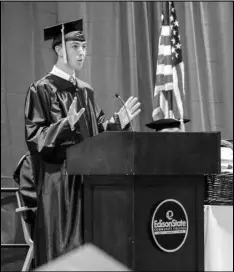  ?? Photo provided ?? Jared Dunn of Camden, Ohio, delivers his keynote speech during Edison State Community College’s 47th commenceme­nt ceremony.