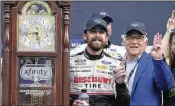  ?? ASSOCIATED PRESS ?? After the victory at Martinsvil­le, Ryan Blaney (posing with the trophy grandfathe­r clock) is headed for a chance at his first Cup title Sunday at Phoenix Raceway.