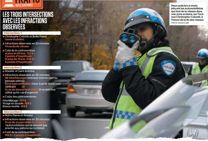  ??  ?? Deux policiers à moto pincent les automobili­stes qui font de la vitesse dans une zone scolaire, sur l’avenue Christophe-Colomb, à l’heure de la fin des classes.