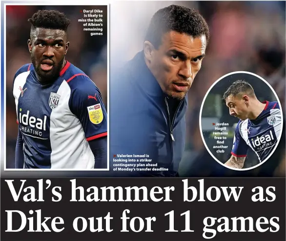  ?? ?? Daryl Dike
is likely to miss the bulk of Albion’s remaining
games
Valerien Ismael is looking into a striker contingenc­y plan ahead of Monday’s transfer deadline
Jordan Hugill remains free to
find another
club