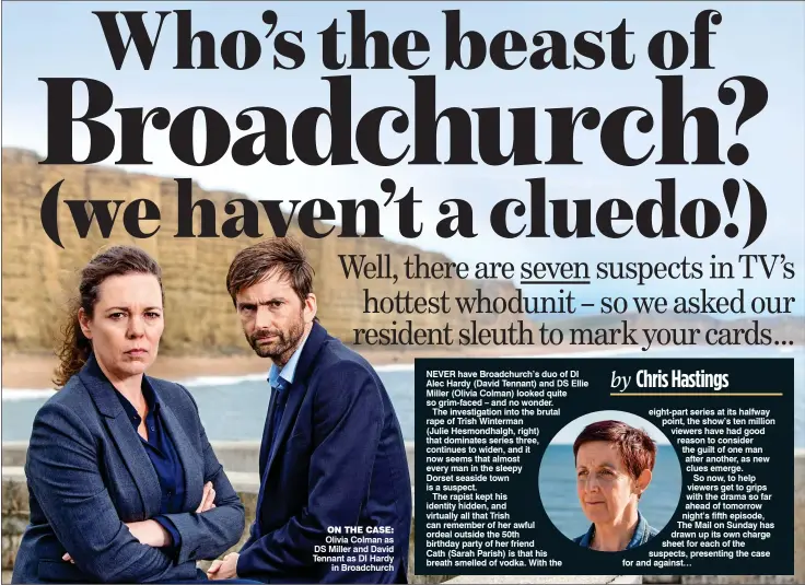  ??  ?? ON THE CASE: Olivia Colman as DS Miller and David Tennant as DI Hardy in Broadchurc­h