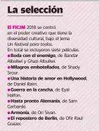  ??  ?? 2018 se centró en el poder creativo que tiene la diversidad cultural, bajo el lema
En total se incluyeron siete películas. de Bandar Albuliwi y Ghazi Albuliwi. Srour. de Daniel Raim. Halfon. Garbarski. Graizer. de Ori Sivan.
de Shady de Eyal de Sam...