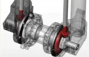  ??  ?? En 3D, le moyeu de la roue est entraîné de chaque côté par deux autres renvois d’angle. L’ensemble du système pèse environ 6 kg, comprenant la chaîne, le cardan, les renvois d’angle divers, le té inférieur et les axes télescopiq­ues.