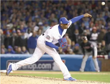  ?? | JONATHAN DANIEL/ GETTY IMAGES ?? Fireballin­g closer Aroldis Chapman covered the last eight outs of the Cubs’ Game 5 victory, striking out four Indians.